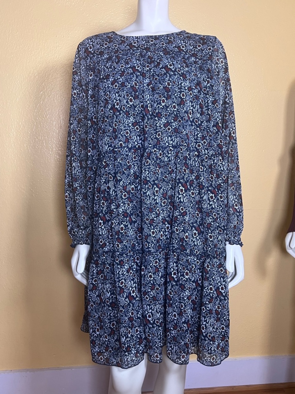 Ellos Navy Floral Long-Sleeve Tiered Women's Dress, size 18